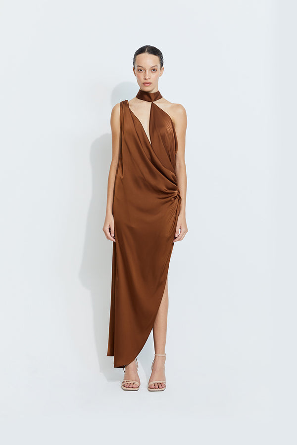 Sara Satin Dress in Camel