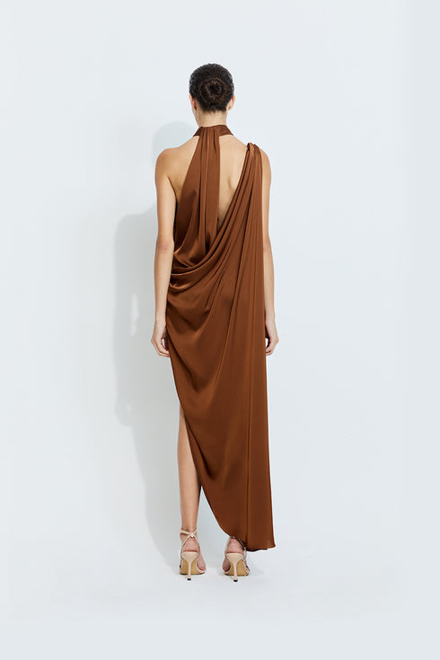 Sara Satin Dress in Camel